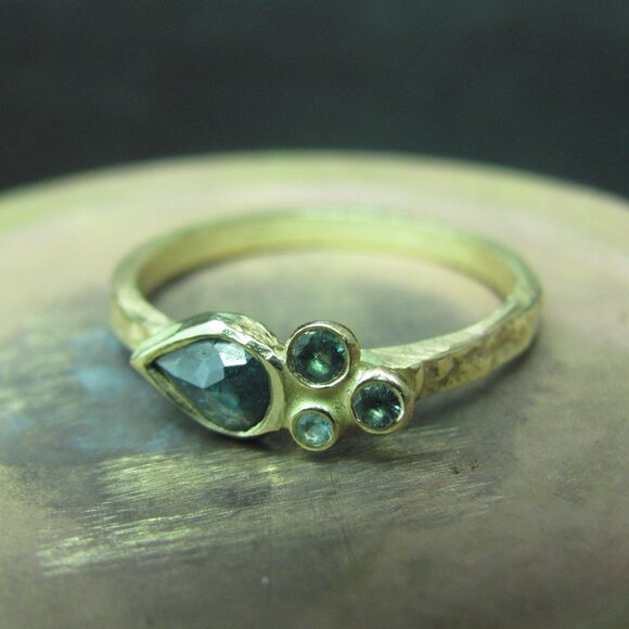 Engagement ring. 14k yellow gold blue diamond ring and 3 Tourmalines. - Picture 3 of 14